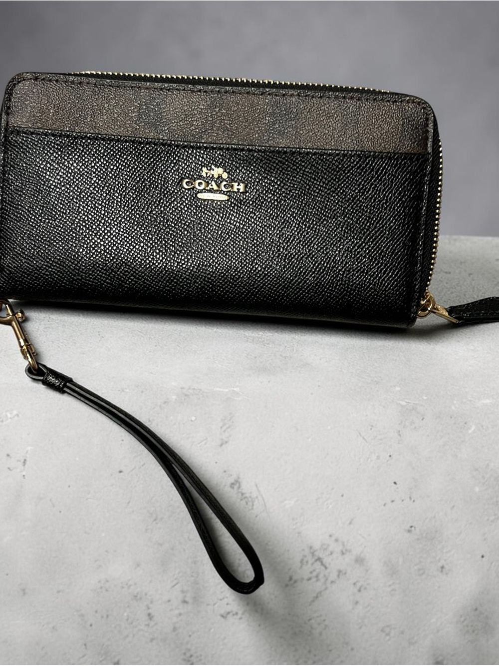 Coach Black Textured Leather Zip Wristlet with Gold Logo